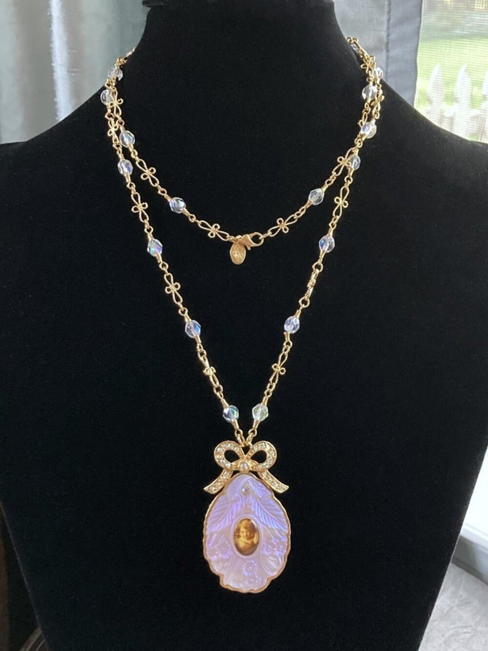 Vintage Kirks Folly Moonglow Portrait Pendant, AB Crystal Necklace, 32", Retired